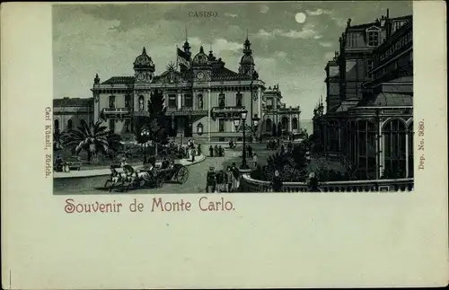 Mondschein Litho Monte Carlo Monaco, Casino, Straßenansicht