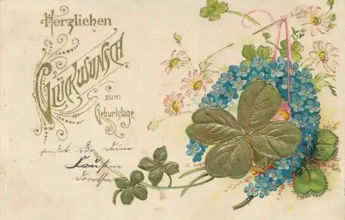 Präge Ak Glückwunsch Geburtstag, Kleeblätter, Blumen 