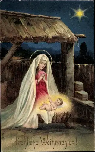 Präge Litho Frohe Weihnachten, Krippenszene, Maria betend über Jesuskind