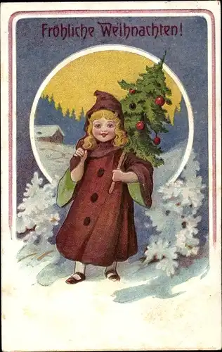 Präge Litho Frohe Weihnachten, Mädchen mit Tannenbaum, Mantel, Winterlandschaft