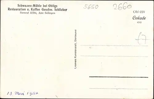 Ak Ohligs Solingen Bergisches Land, Schwanenmühle, Bes. Schlicker 