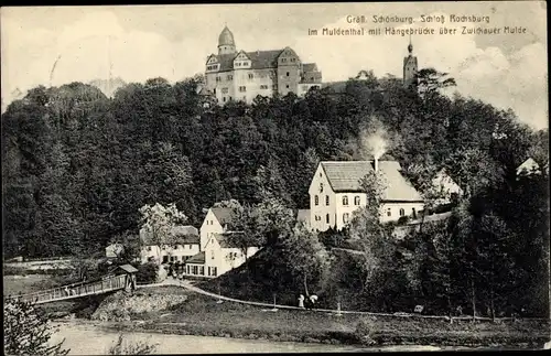 Ak Rochsburg Lunzenau, Gräfl. Schönburg, Schloss Rochsburg, Muldental, Hängebrücke, Zwickauer Mulde