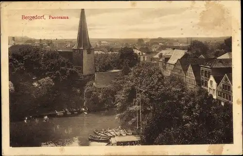 Ak Hamburg Bergedorf, Panorama, Kirche, Uferpartie, Ruderboote