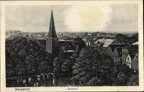Ak Hamburg Bergedorf, Stadtbild, Kirche, Uferpartie, Ruderboote