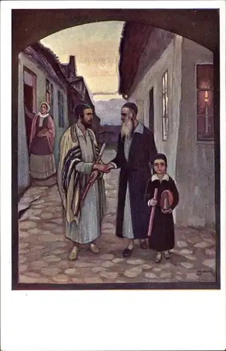 Künstler Ak Jüdische Familie, Schläfenlocken, Judaika, BKWI 198/6