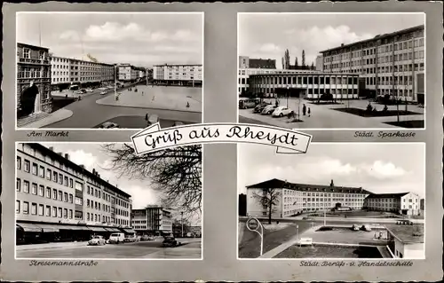 Ak Rheydt Mönchengladbach Niederrhein, Markt, Städtische Sparkasse, Städt. Berufs- u. Handelsschule