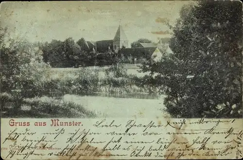 Mondschein Ak Munster an der Örtze, Panorama vom Ort, Blick auf die Kirche