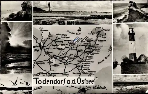 Ak Todendorf in Schleswig Holstein, Leuchtturm, Möwen, Wellen am Strand, Küste, Landkarte der Region