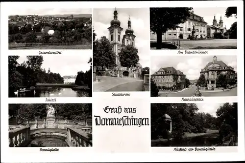 Ak Donaueschingen im Schwarzwald, Gesamtansicht, Schloss, Stadtkirche, Rathausplatz, Donauquelle