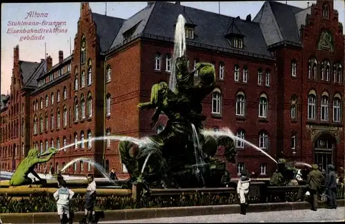 Ak Hamburg Altona, Stuhlmannbrunnen, Gesamtansicht, Eisenbahndirektionsgebäude, Kinder