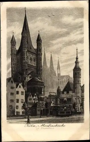 Künstler Ak Köln am Rhein, Blick auf Martinskirche und Stapelhaus
