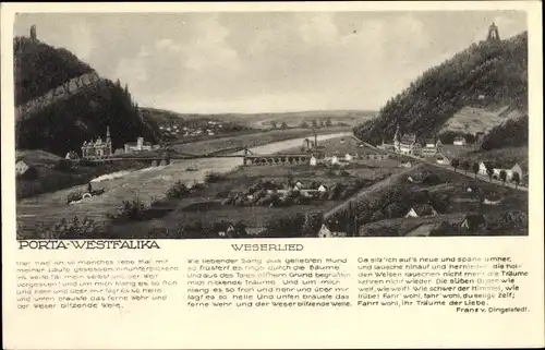 Lied Ak Porta Westfalica in Nordrhein Westfalen, Weserlied, Totalansicht, Weserpartie, Brücke