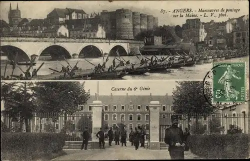 Ak Angers Maine et Loire, Manoeuvres de pontage, Caserne du 6e Génie, Schiffbrücke, Pioniere