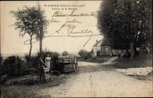 Ak Le Plessier Rozainvillers Somme, Entrée de la Hérelle, Fahrrad, Fuhrwerk