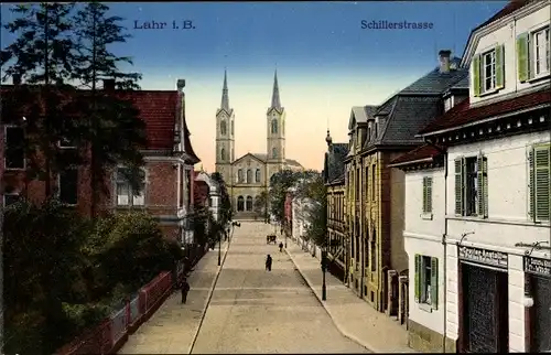 Ak Lahr im Schwarzwald, Schillerstraße, Kirche, Gravieranstalt Philipp Helmling