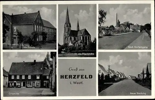 Ak Herzfeld Lippetal Nordrhein Westfalen, Idaschule, St. Ida Pfarrkirche, Ortsmitte, Neue Siedlung