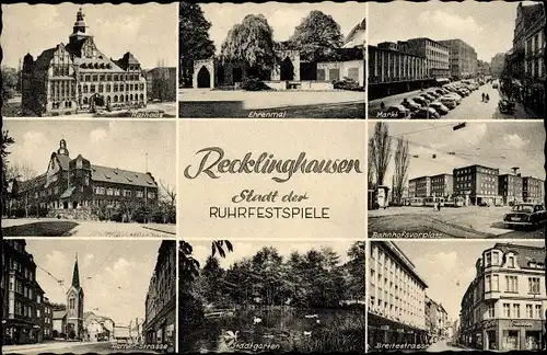 Ak Recklinghausen im Ruhrgebiet, Rathaus, Ehrenmal, Markt, Kreisverkehrsamt, Stadtgarten