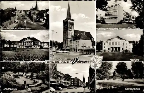 Ak Viersen in NRW, Josefskirche, Remigiuskirche, Festhalle, Bahnhof, Frauen Oberschule, Wappen