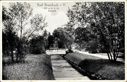 Ak Bad Brambach im Vogtland, Partie im Kurpark, Brücke, Parkpromenade