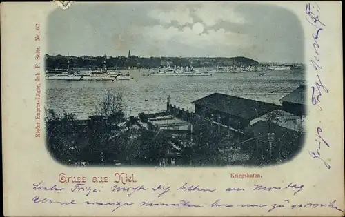 Mondschein Ak Kiel in Schleswig Holstein, Partie am Kriegshafen, Kriegsschiffe, Panorama