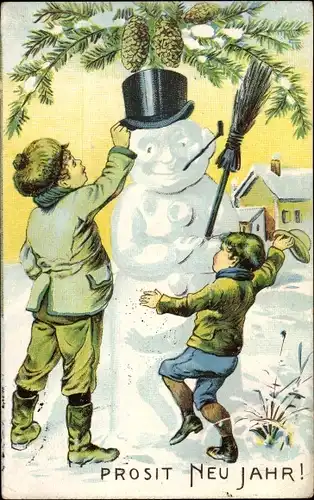 Ak Glückwunsch Neujahr, Schneemann, Kinder, Tannenzapfen