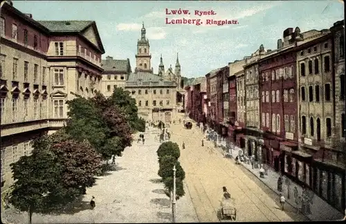 Ak Lwów Lemberg Ukraine, Rynek, Ringplatz, Geschäftshäuser, Straße