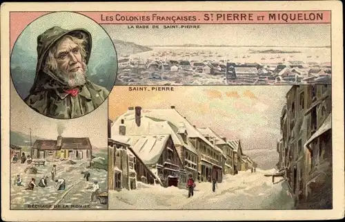Litho St. Pierre et Miquelon, Rade, Verschneite Straße, Sechage de la Morue, Trocknen von Kabeljau