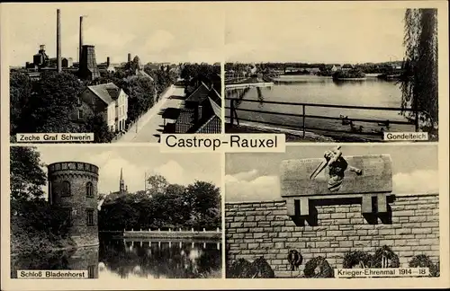 Ak Castrop Rauxel im Ruhrgebiet, Zeche Graf Schwerin, Schloss Bladenhorst, Gondelteich, Ehrenmal