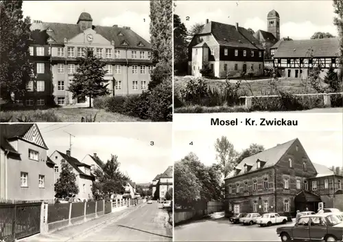 Ak Mosel Zwickau Sachsen, Forellenmühle Gasthof, Oberschule Makarenko, Pfarramt, Kirche, Schulstraße