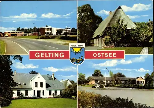 Ak Gelting in Schleswig Holstein, Straßenpartie, Reetdachhaus, Wappen der Stadt, BMW E21