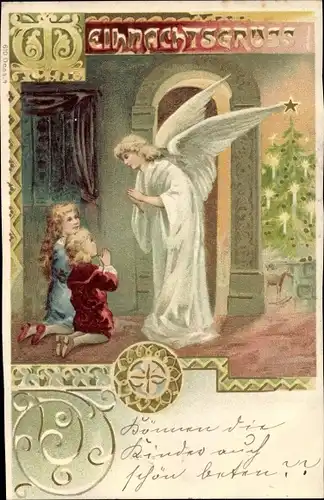 Ak Frohe Weihnachten, Engel, Kinder betend, Weihnachtsbaum