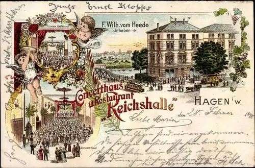 Litho Hagen in Westfalen, Konzerthaus und Restaurant Reichshalle, Inh. F. Wilh. v. Heede