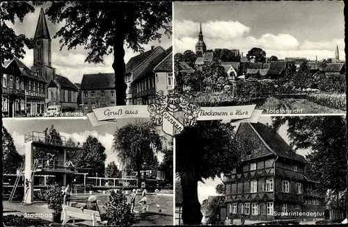 Ak Bockenem in Niedersachsen, Kirche, Teilansicht, Stadtbad, Superindentur, Wappen