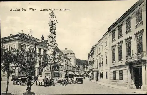 Ak Baden in Niederösterreich, Hauptplatz, Rathaus, Dreifaltigkeitssäule, Pestsäule