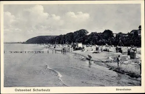 Ak Scharbeutz in Ostholstein, Strandleben, Strandkörbe, Steg