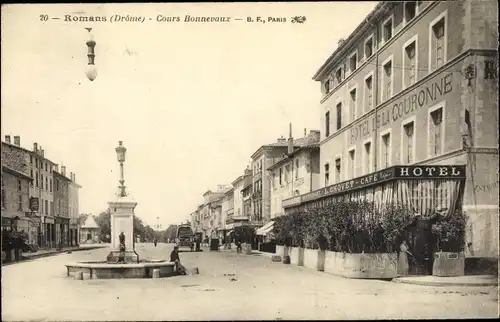 Ak Romans sur Isère Drôme, Cours Bonnevaux, Hôtel de la Couronne, Prop. L. Chovet