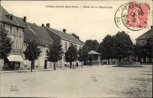 Ak Sarre Union Saar Buckenheim Elsass Bas Rhin, Place de la République, Geschäft Geyer