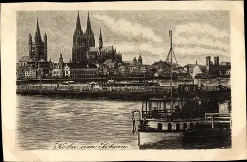 Künstler Ak Köln am Rhein, Uferpanorama m. Dom, Anlegestelle, Dampfer