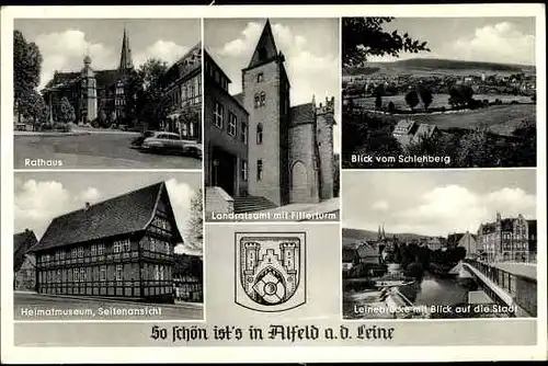 Wappen Ak Alfeld an der Leine, Rathaus, Landratsamt mit Fillerturm, Heimatmuseum, Leinebrücke, Ort