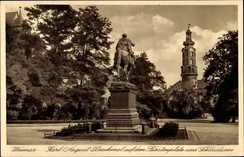 Ak Weimar in Thüringen, Karl August Denkmal auf dem Fürstenplatz und Schlossturm