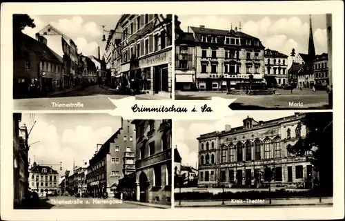 Ak Crimmitschau Sachsen, Kreis Theater, Markt, Thiemestraße, Herrengasse