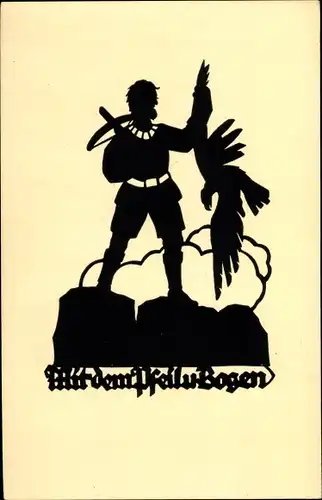 Scherenschnitt Künstler Ak Schwindt, A. M., Mit dem Pfeil und Bogen, Schütze mit Greifvogel