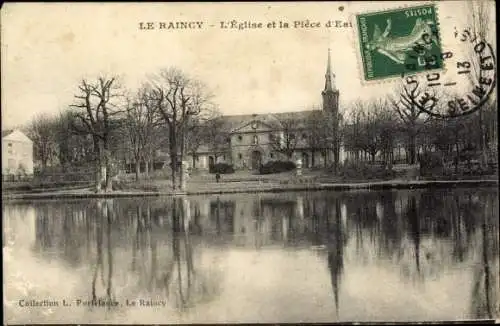 Ak Le Raincy Seine Saint Denis, L'Église et la Pièce d'Eau