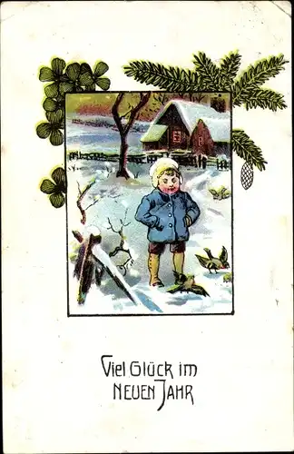 Ak Glückwunsch Neujahr, Junge, Winterszene, Kleeblätter