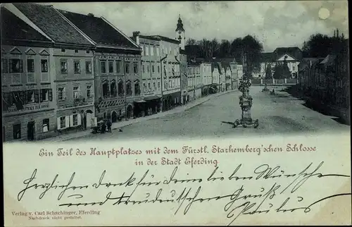 Mondschein Ak Eferding in Oberösterreich, Hauptplatz, Fürstl. Starhemberg'sches Schloss