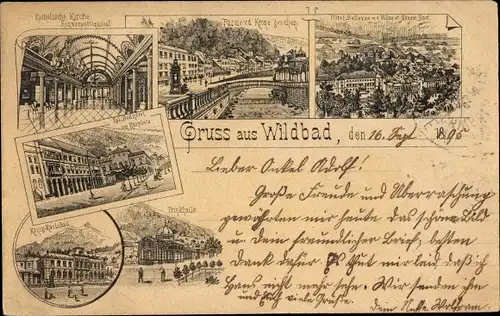 Vorläufer Litho Bad Wildbad Baden Württemberg, Kath. Kirche, Trinkhalle, Badhotel, König Karlsbad