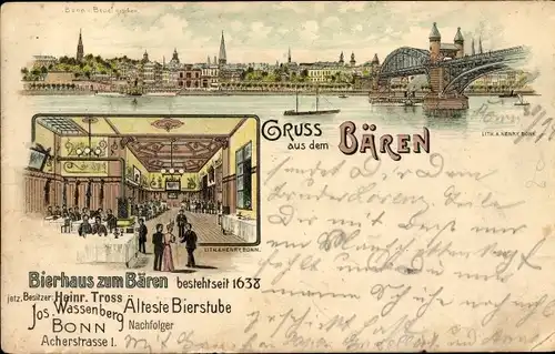 Litho Bonn am Rhein, Bierhaus zum Bären, Bes. Heinr. Tross, Acherstraße 1