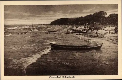 Ak Scharbeutz in Ostholstein, Ruderboot, Strandwägen, Steg, Wellen