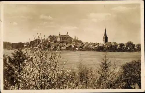 Ak Plön in Schleswig Holstein, Panorama vom Ort, Kirche, Schloss, Blick vom Ufer aus
