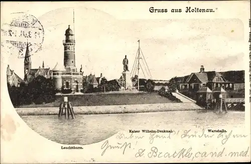 Ak Kiel Holtenau in Schleswig Holstein, Kaiser Wilhelm Denkmal, Uferpartie, Leuchtturm, Wartehalle